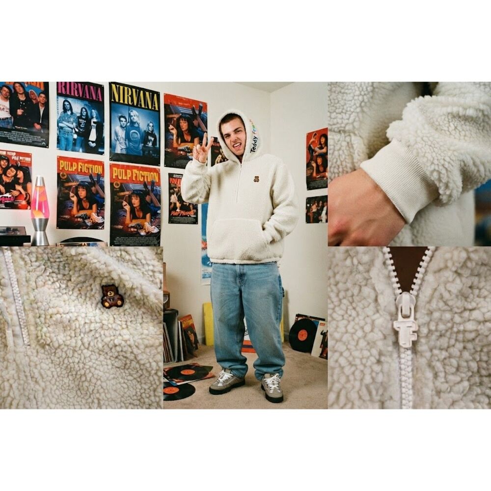 Teddy Fresh off-white sherpa fleece half-zip hoodie size xlarge